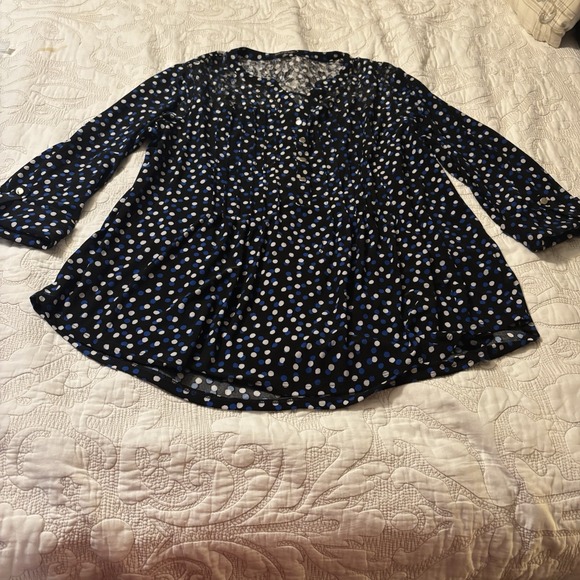 Tops - Ava And Grace Women's 2X Top Black With Blue And White Polka Dots. 3/4 Sleeve
